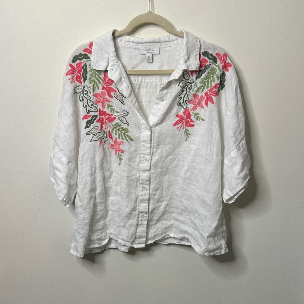 Charter Club 100% Linen Floral Embroidered Blouse